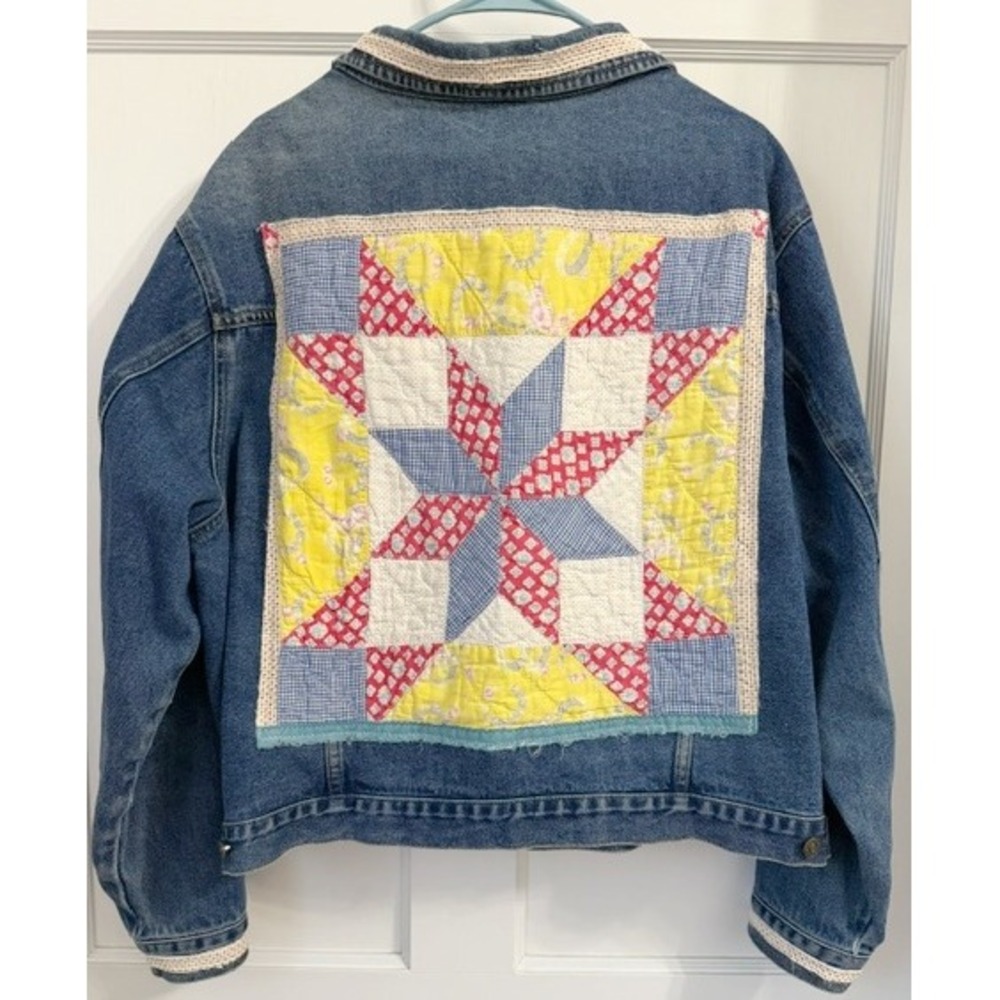 Upcycled Jean Jacket, Denim Jacket, Quilted Block, Jeanology size 24